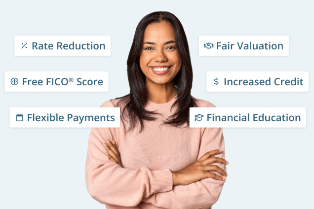 A woman smiling and a list of some of our benefits for customers: Rate Reduction, Free FICO® Score, Flexible Payments, Fair Valuation, Increased Credit, and Financial Education